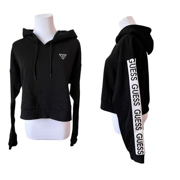 Guess Los Angeles Black Cropped Hoodie Sweatshirt LARGE Activewear Streetwear - Picture 1 of 12